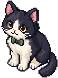 The Sidekick cat dealer, a black-and-cream pixel cat
